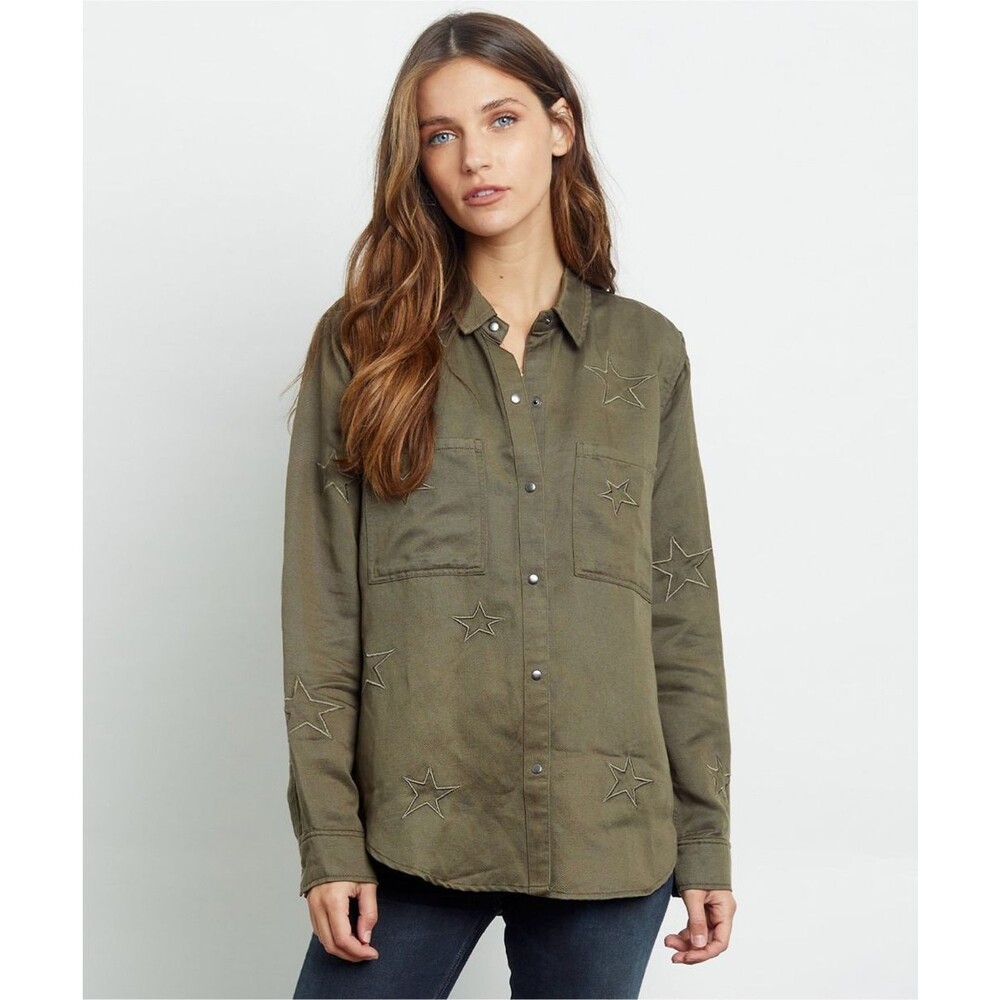 Rails Shirt Womens Medium Green Marcel Olive Embroidered Stars Snap Top